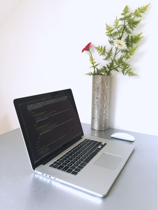 macbook and wireless mouse on grey desk, metal vase in backgrounf with carnations and fern leaves.